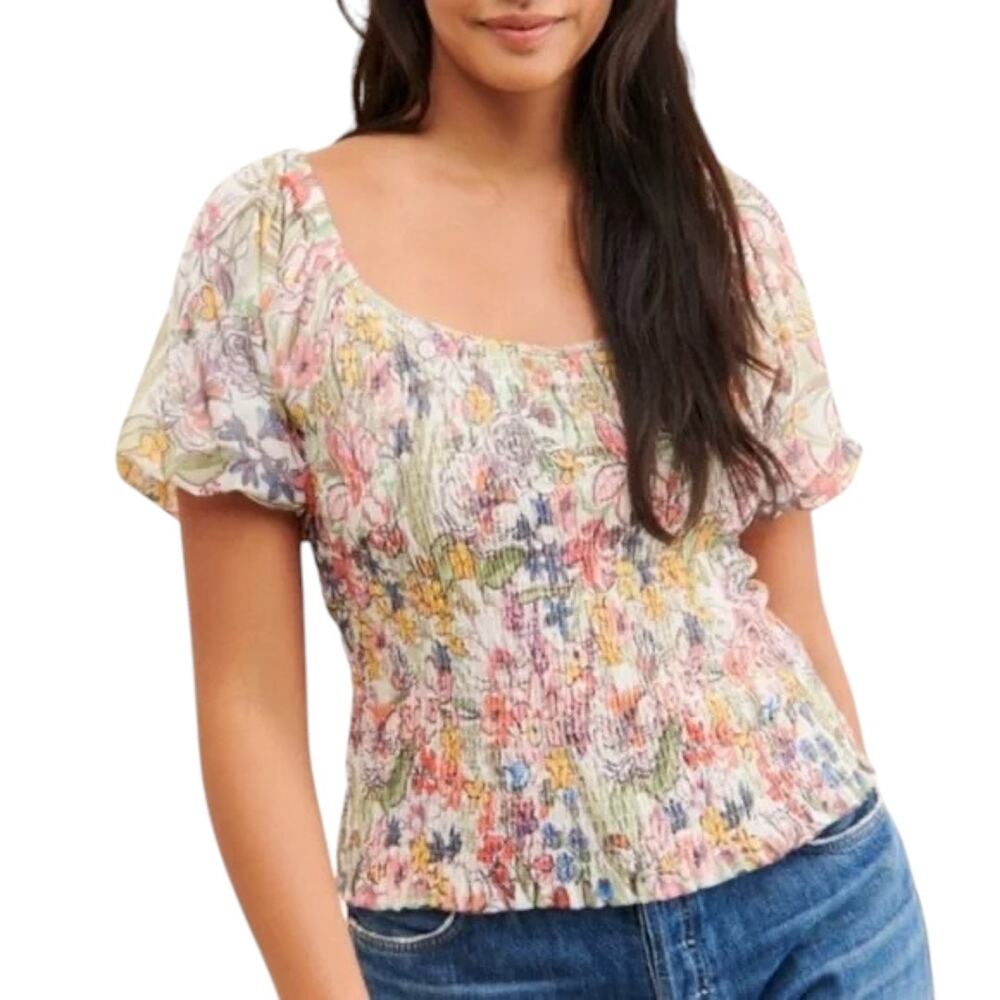 Anthropologie Aurelia Smocked Short Puff Sleeve Top Multi-Color Size M Medium
